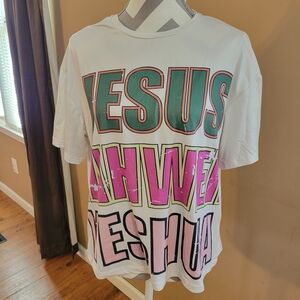 SHEIN White Tee with Green and Pink Block Lettering